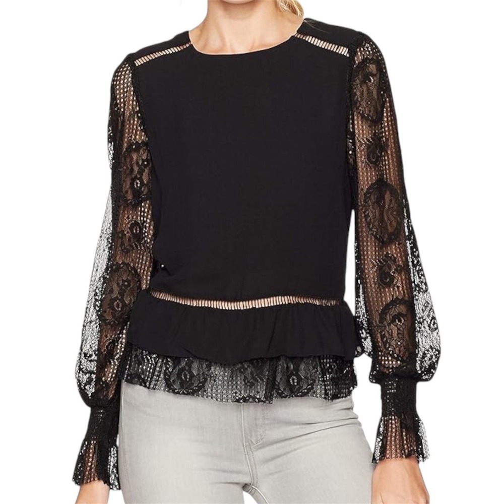 Moon River Black Lace Sleeve Peplum Ruffle Hem Top Size S